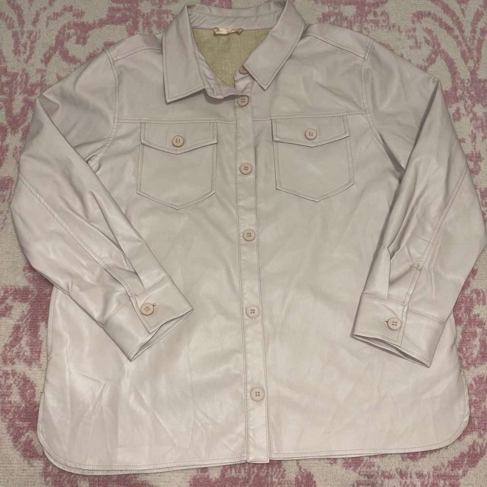 Altar’d State Beige Faux Leather Button-Up Shirt Jacket Shacket Women’s Size L